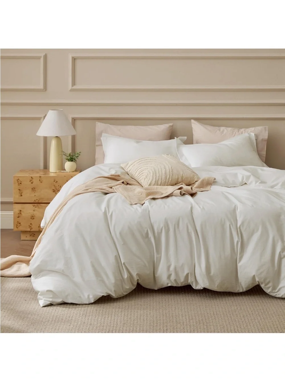 NEW Bedsure 100% Washed Cotton Duvet Cover Set King. Minimalist Linen-like Ivory